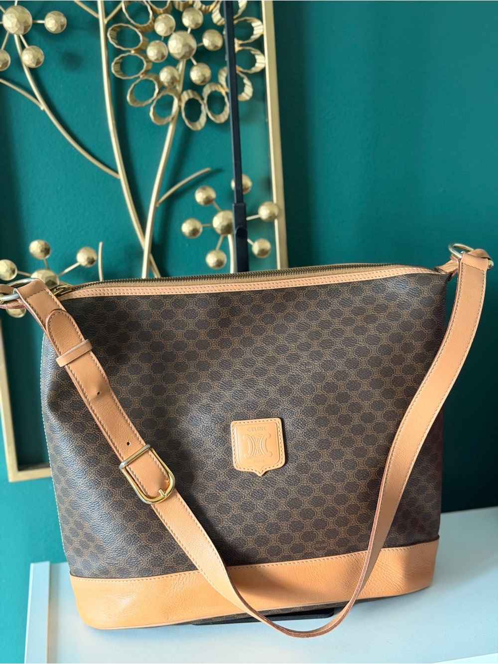 Celine Macadam Leather-Trim Shoulder Bag